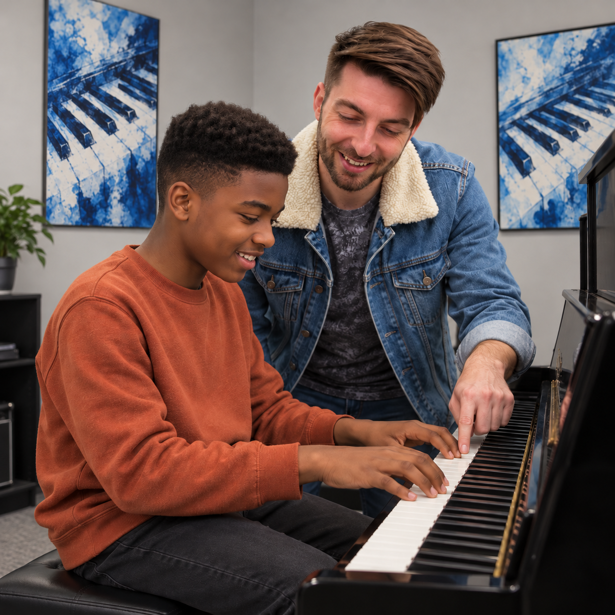 AI-generated illustration of Zac teaching a new student on a black upright piano