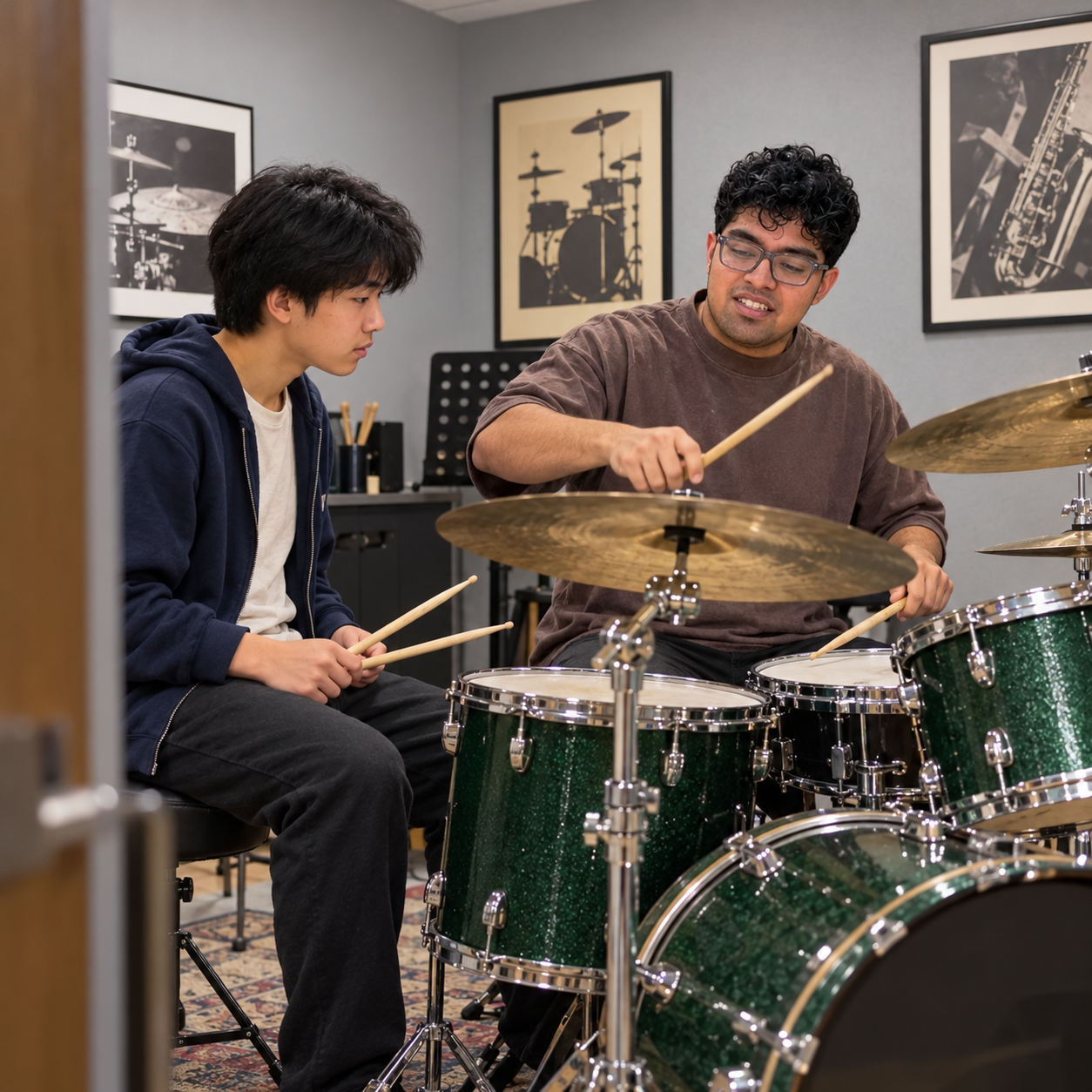 AI-generated illustration: drums music scene