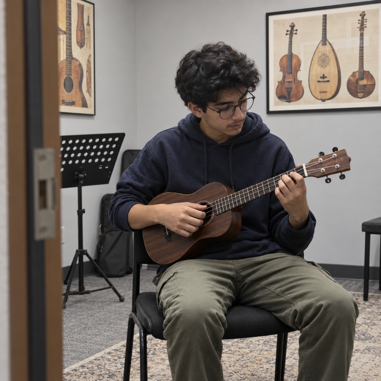 AI-generated illustration: ukulele music scene